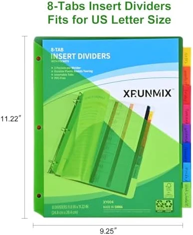8-Tab Binder Dividers with Storage Pockets and Sheet Protectors - 8 Colors for 3-Ring Binders