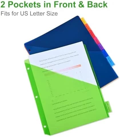 8-Tab Binder Dividers with Storage Pockets and Sheet Protectors - 8 Colors for 3-Ring Binders
