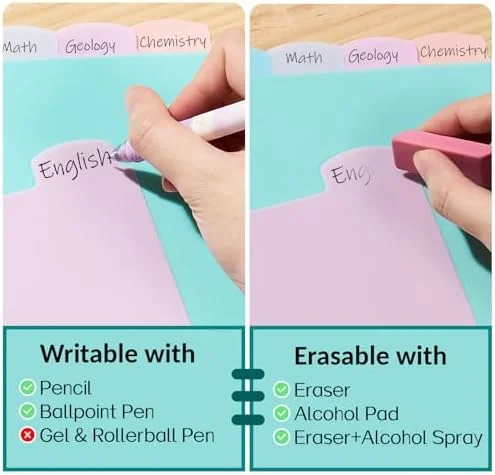 Pastel Plastic Binder Dividers with 8 Write & Erase Tabs - Reusable & Tear-Resistant