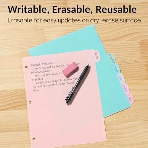 Pastel Plastic Binder Dividers with 8 Write & Erase Tabs - Reusable & Tear-Resistant