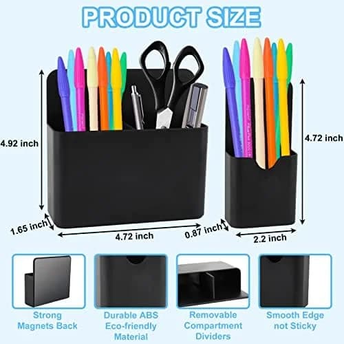 Magnetic Pen Holder Set (2-Pack) – Strong Magnet Dry Erase Marker Organizer with Adjustable Compartments for Metal Surfaces