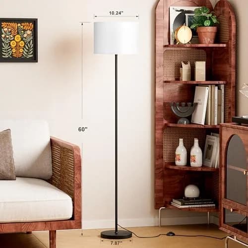 Sleek Black Floor Lamp with White Shade and Foot Pedal Switch - 60"