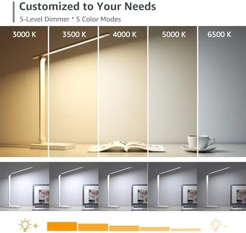 Adjustable LED Desk Lamp with 5 Color Modes & 5 Brightness Levels, Dimmable Task Light for Reading, Crafting, and Office Work