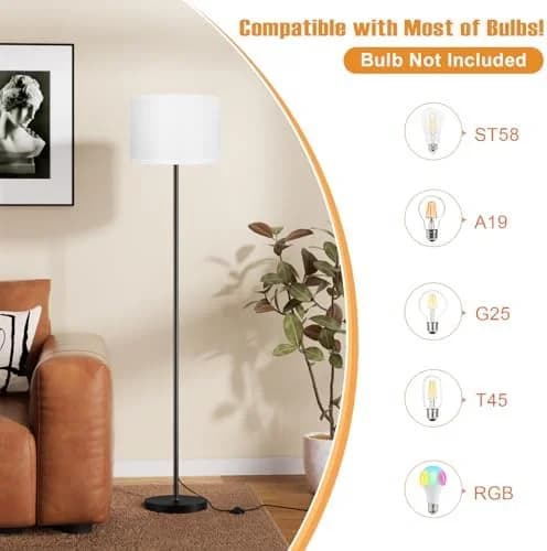 Sleek Black Floor Lamp with White Shade and Foot Pedal Switch - 60"